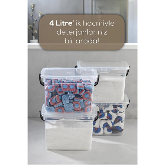 Vienev 4'lü 4 Litre Beyaz Etiketli Toz Tablet Deterjan Saklama Kabı - Deterjan Kutusu Beyaz
