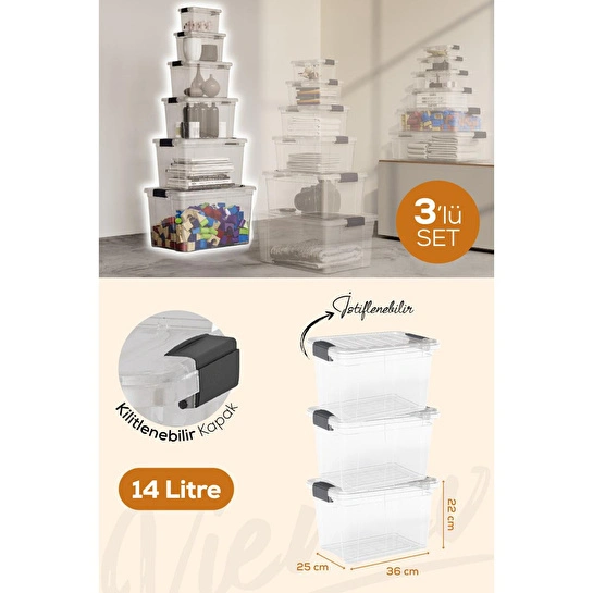 Vienev 3'lü 14 Litre Kilitli Kapaklı Saklama Ve Erzak Kutusu 33124