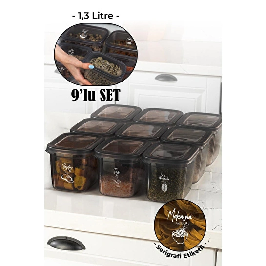 Vienev Beyaz Serigrafi Etiketli 9lu Set Peggy Şeffaf Kapaklı Uzun Dikdörtgen Saklama Kabı 1,3 Litre