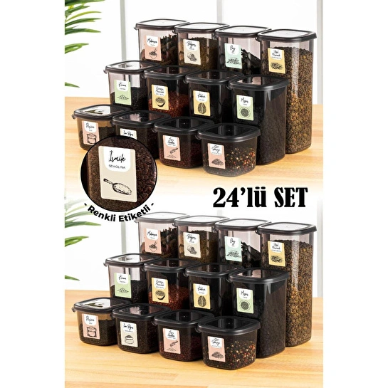 Vienev Renkli Etiketli 24lü Peggy Kare Erzak Saklama Kabı 8x(0,55 Litre, 1,2 Litre, 1,75 Litre) Antrasit