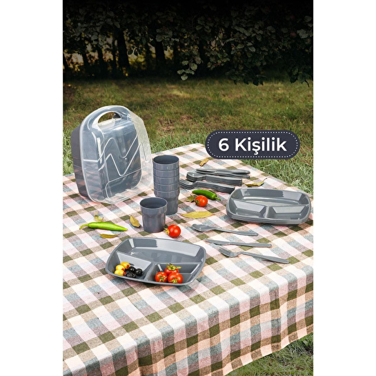 Vienev 6 Kişilik Çantalı Piknik Seti Gri