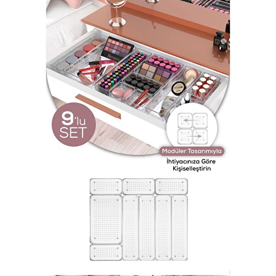 Vienev 9'lu Şeffaf Çekmece Içi Düzenleyici Organizer 4x(d.dkdrtgn,k.dkdrtgn) 1x(o.dkdrtgn)