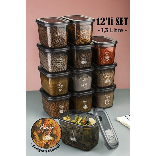 Vienev Beyaz Serigrafi Etiketli 12li Set Peggy Şeffaf Kapaklı Uzun Dikdörtgen Saklama Kabı 1,3 Litre