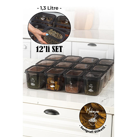 Vienev Beyaz Serigrafi Etiketli 12li Set Peggy Şeffaf Kapaklı Uzun Dikdörtgen Saklama Kabı 1,3 Litre