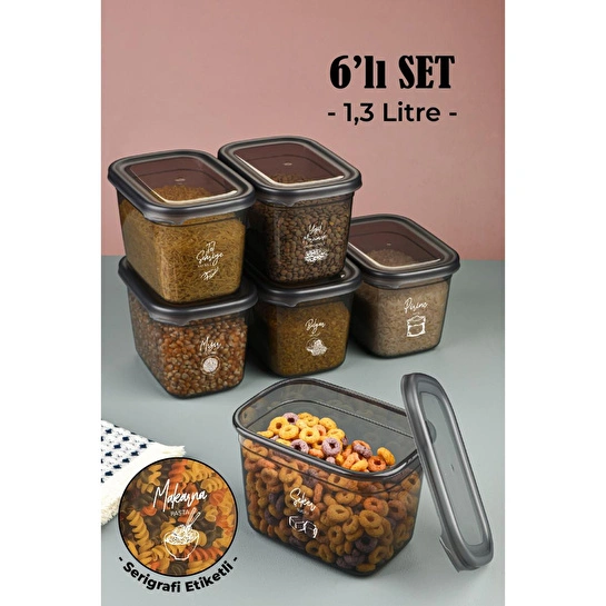 Vienev Beyaz Serigrafi Etiketli 6lı Set Peggy Dikdörtgen Saklama Kabı 1,3 Litre Antrasit