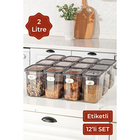 Vienev Etiketli 12li Set Peggy Uzun Dikdörtgen Saklama Kabı 2 Litre Antrasit