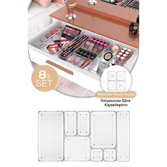 Vienev 8li Şeffaf Çekmece Içi Organizer 1x(b.dkdrtgn,b.kare,d.dkdrtgn,o.dkdrtgn)2x(k.dkdrtgn,k.kare)