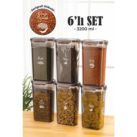 Vienev 6'lı 3,2 Litre Contalı Dikdörtgen Saklama Kabı Seti Serigrafi Etiketli