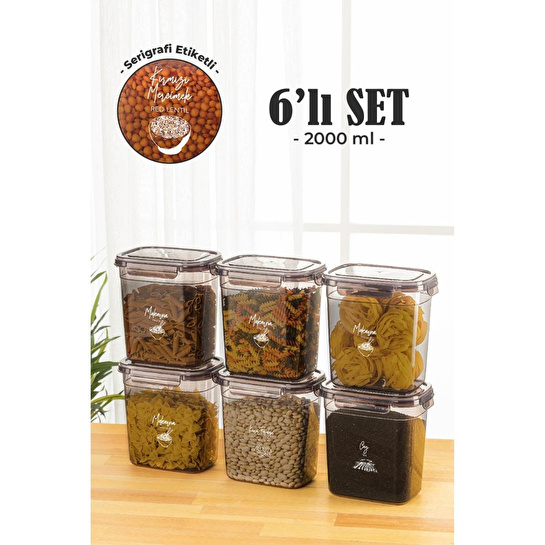 Vienev 6lı 2 Litre Contalı Dikdörtgen Saklama Kabı Seti Serigrafi Etiketli