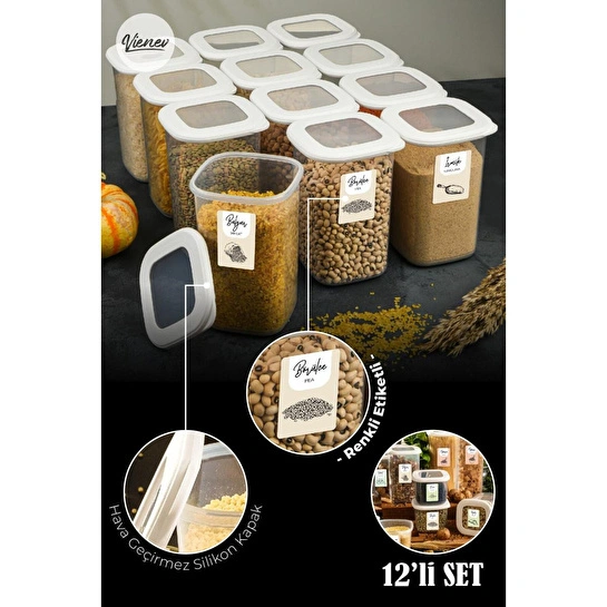 Vienev Renkli Etiketli Kare Erzak Saklama Kabı 12li Set 1,2 Litre Beyaz