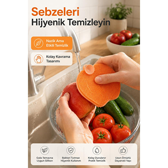 Vienev Elma Şekilli Çok Amaçlı Silikon Bulaşık Ve Sebze Yıkama Fırçası Karışık Renk | Temizlik Aparatı