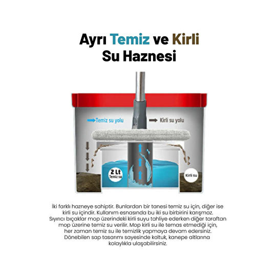 Vienev Çift Tanklı Kirli - Temiz Su Hazneli Mop Seti Kırmızı