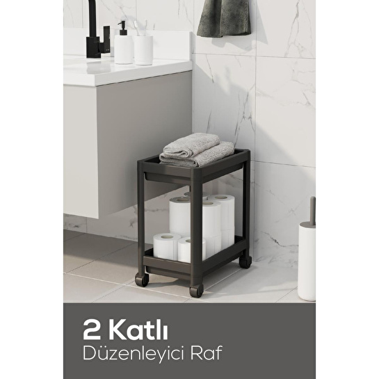 Vienev 2 Katlı Tekerlekli Düzenleyici Raf - Banyo Dolabı Mutfak Tezgah Ve Evye Altı Düzenleyici Antrasit