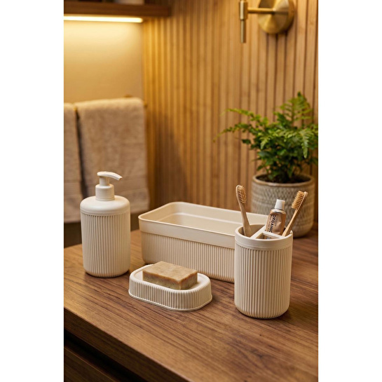Vienev 4'lü Banyo Seti 550ml Krem - Sıvı Sabunluk, Diş Fırçalık Ve Çok Amaçlı Düzenleyici Organizer