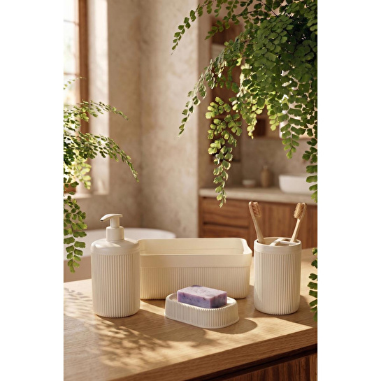 Vienev 4'lü Banyo Seti 550ml Krem - Sıvı Sabunluk, Diş Fırçalık Ve Çok Amaçlı Düzenleyici Organizer