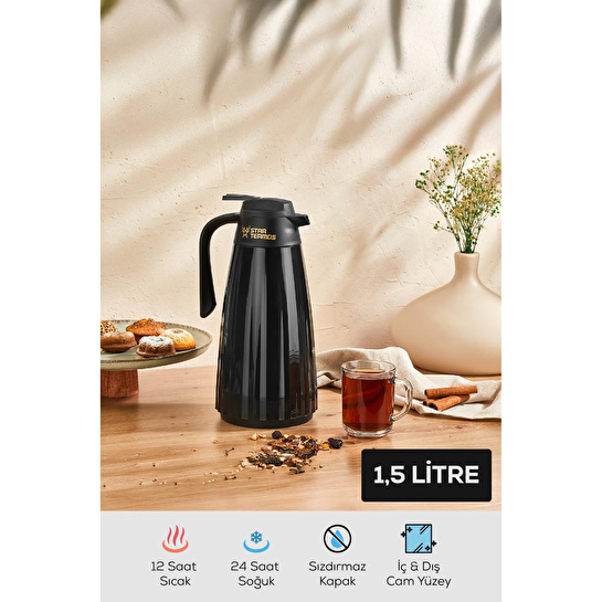 Vienev 1,5 Litre Çift Cam Termos Siyah