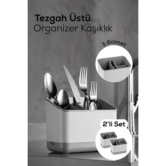 Vienev 2 Adet Tezgah Üstü Kaşık Düzenleyici 5 Bölmeli Organizer Kaşıklık Gri