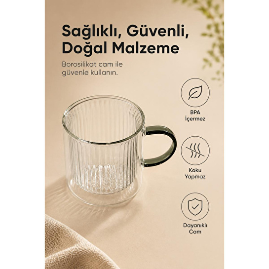 Vienev 270 Ml Çift Cidarlı Borosilikat Cam Kupa - Isıya Dayanıklı Kulplu Bardak