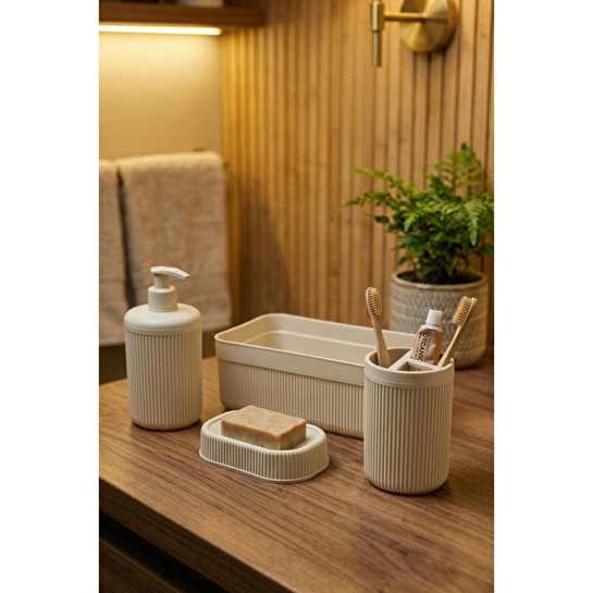 Vienev 4'lü Banyo Seti 550 Ml Bej - Sıvı Sabunluk, Diş Fırçalık Ve Çok Amaçlı Düzenleyici Organizer