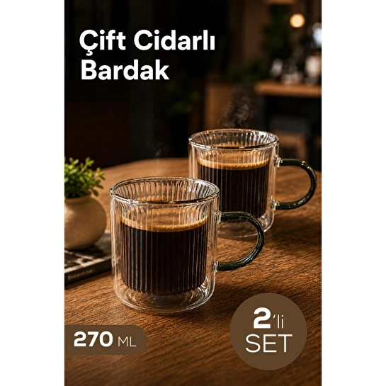 Vienev 2'li 270 Ml Çift Cidarlı Borosilikat Cam Kupa - Isıya Dayanıklı Kulplu Bardak