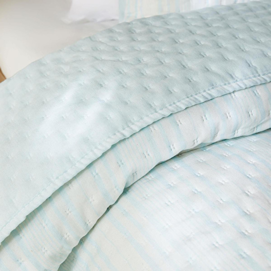 Ocean Home Textile Pamuklu Kapitoneli Açık Mavi Renk Çizgi Desen Çift Kişilik Yatak Örtüsü Seti 1 Adet 250 X 230 / 2 Adet 50 X 70