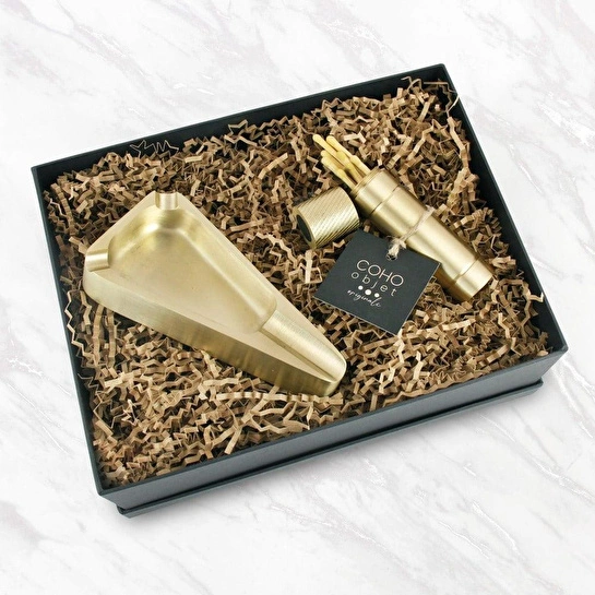 Coho Objet Coho Box Brazen Pirinç Puro Küllük & Kibritlik Seti