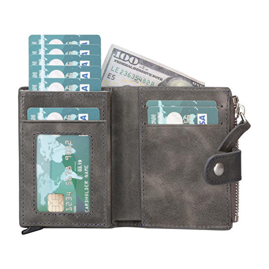 Bloominbag Siena Ash Gray Mekanizmalı Deri Cüzdan & Kartlık (rfid Korumalı)