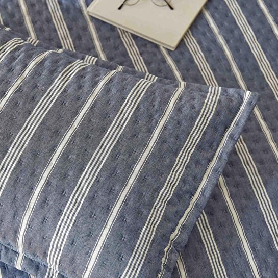Ocean Home Textile Pamuklu Kaapitoneli Lacivert Renk Çizgi Desen Tek Kişilik Yatak Örtüsü Seti 1 Adet 180 X 230 / 1 Adet 50 X 70 C