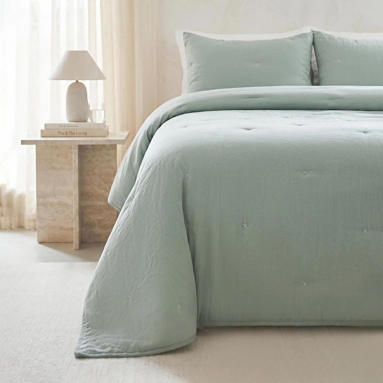 Ocean Home Textile Nakışlı Mint Çift Kişilik Yatak Örtüsü Seti 1 Adet 250 X 230 / 2 Adet 50 X 70 Cm