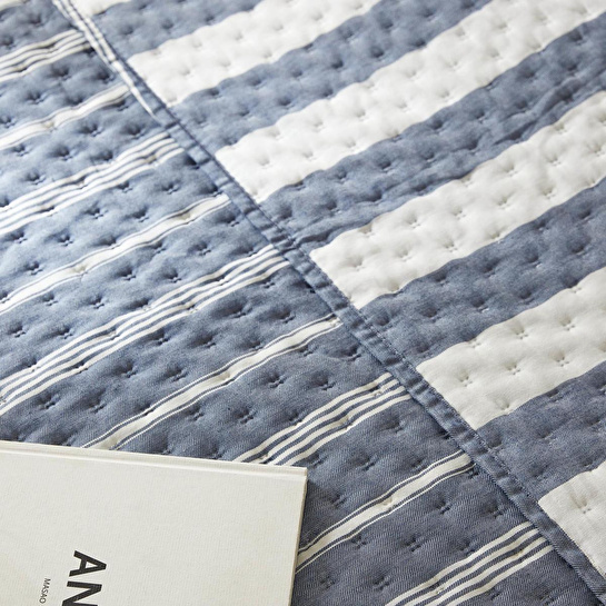 Ocean Home Textile Pamuklu Kapitoneli Lacivert Renk Çizgi Desen Çift Kişilik Yatak Örtüsü Seti 1 Adet 250 X 230 / 2 Adet 50 X 70 C