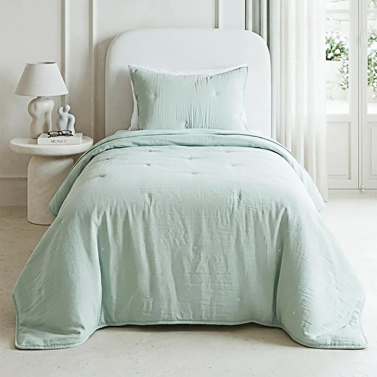 Ocean Home Textile Nakışlı Mint Tek Kişilik Yatak Örtüsü Seti 1 Adet 180 X 230 / 1 Adet 50 X 70 Cm