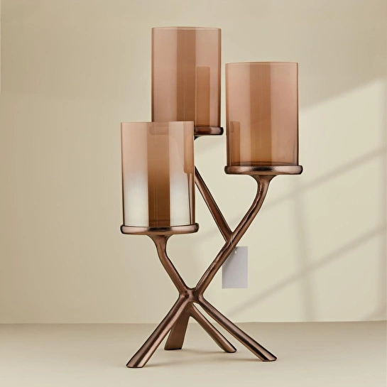 Cornella Gınger Antik Bronz 3 Kollu Cam Şamdan Ağız:10 Cm Boy:15 Cm Mumluk Ayak 35 Cm