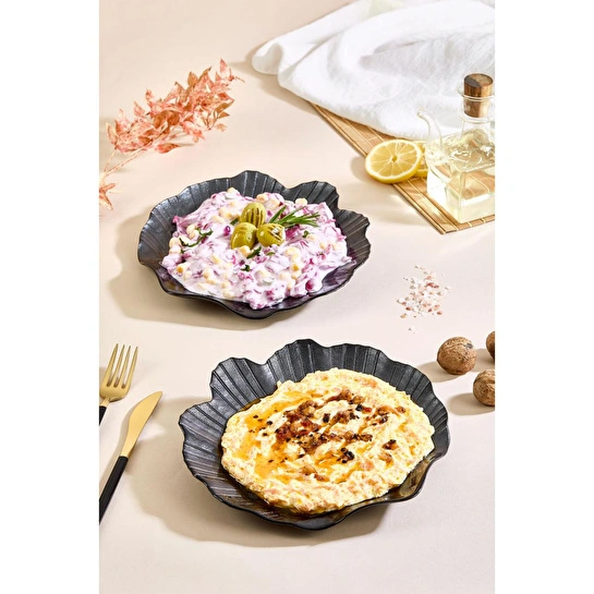 Lora Bianca Maris 2 Parça Siyah Büyük Deniz Kabuğu Cam Meze Servis Tabağı Seti - 2 Adet