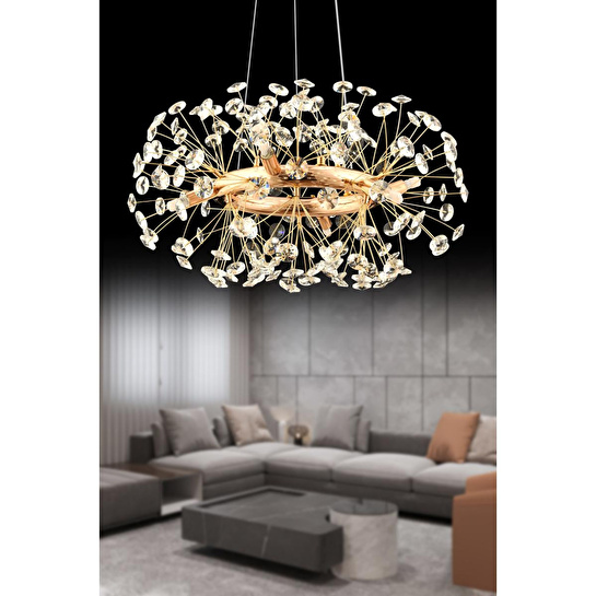 Apliqa Gloria 60'lik Gold Kristal Taşlı Modern Tasarım Salon Avize