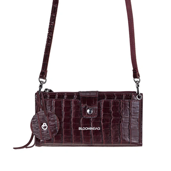 Bloominbag Burgundy Croco Lozan Hakiki Süet Çapraz Askılı Telefon Bölmeli Cüzdan Çanta