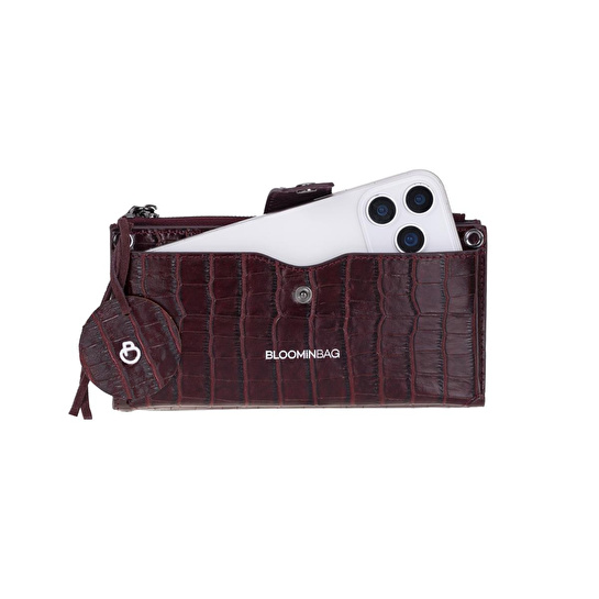 Bloominbag Burgundy Croco Lozan Hakiki Süet Çapraz Askılı Telefon Bölmeli Cüzdan Çanta