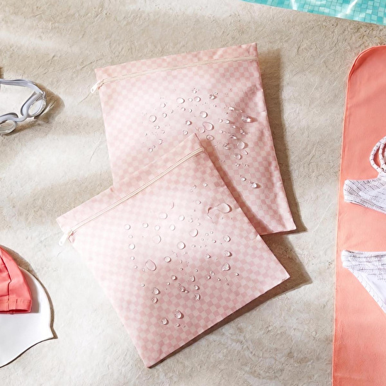 Ocean Home Textile 2'li Su Geçirmez Pvc Astarlı Pembe Dama Desen Islak Kuru Çantası 28 X 30 / 30 X 36 Cm