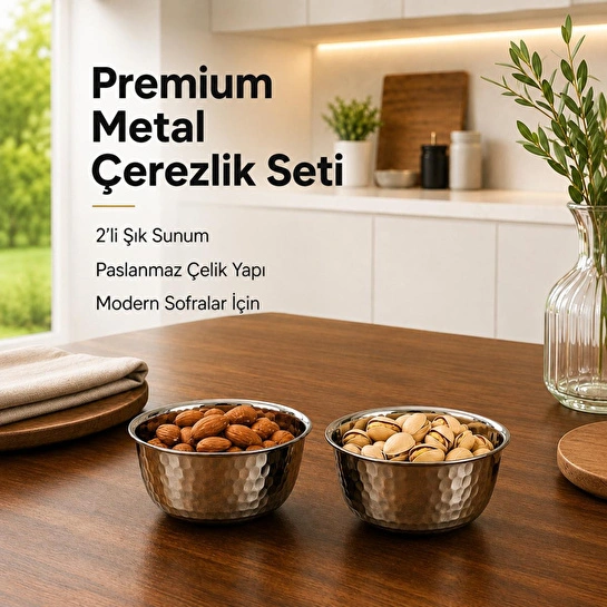 Vienev Paslanmaz Metal 2'li Çerezlik Kase Takımı - 9,5x6 Cm Lüks Sunum Ve Sosluk Seti