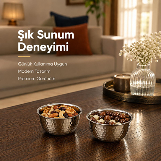 Vienev Paslanmaz Metal 2'li Çerezlik Kase Takımı - 9,5x6 Cm Lüks Sunum Ve Sosluk Seti