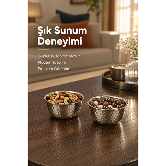 Vienev Paslanmaz Metal 2'li Çerezlik Kase Takımı - 9,5x6 Cm Lüks Sunum Ve Sosluk Seti