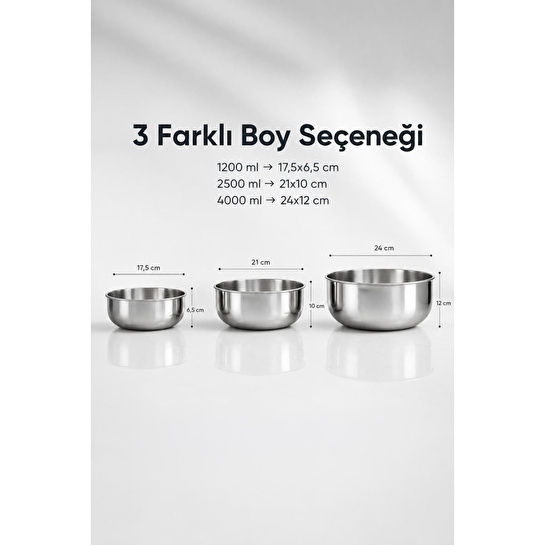 Vienev 3'lü Paslanmaz Çelik Karıştırma Kabı Seti - 1200-2500-4000 Ml Metal Kase Takımı