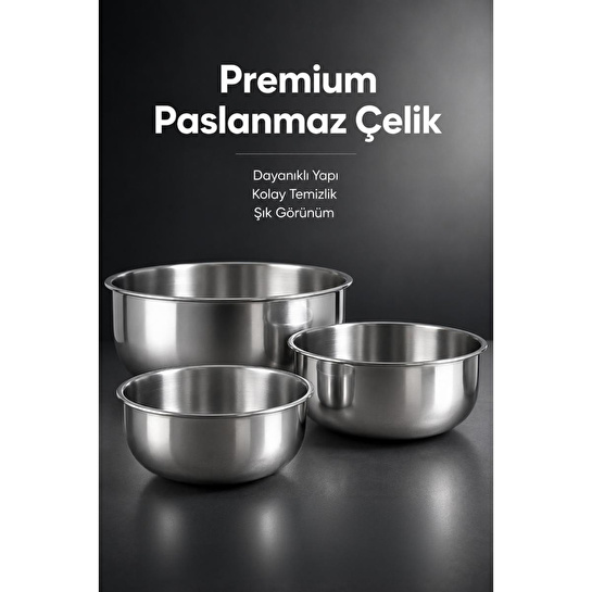 Vienev 3'lü Paslanmaz Çelik Karıştırma Kabı Seti - 1200-2500-4000 Ml Metal Kase Takımı