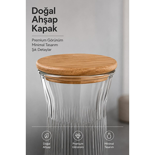Vienev Ahşap Kapaklı Cam Sürahi & Vazo 1100 Ml - Çizgili Cam Karaf Başucu Sürahisi 25 Cm