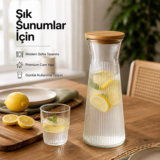 Vienev Ahşap Kapaklı Cam Sürahi & Vazo 1100 Ml - Çizgili Cam Karaf Başucu Sürahisi 25 Cm
