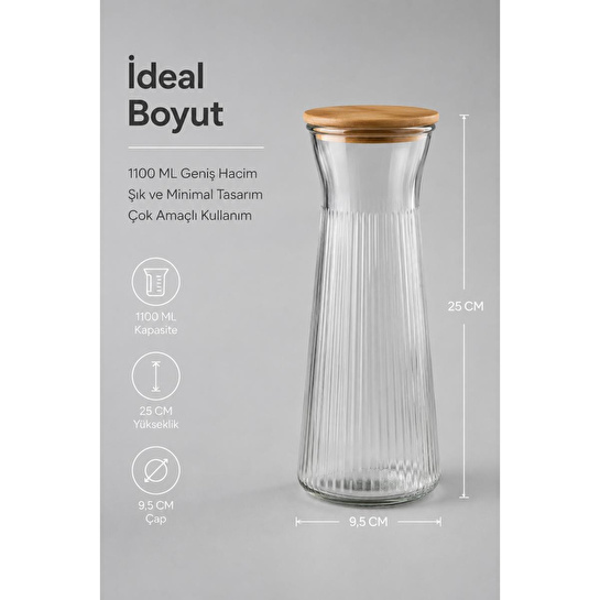Vienev Ahşap Kapaklı Cam Sürahi & Vazo 1100 Ml - Çizgili Cam Karaf Başucu Sürahisi 25 Cm