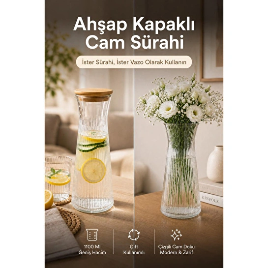 Vienev Ahşap Kapaklı Cam Sürahi & Vazo 1100 Ml - Çizgili Cam Karaf Başucu Sürahisi 25 Cm