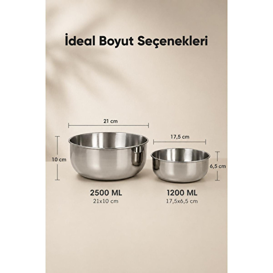 Vienev 2'li Paslanmaz Çelik Karıştırma Kabı Seti - 1200-2500 Ml Metal Kase Takımı