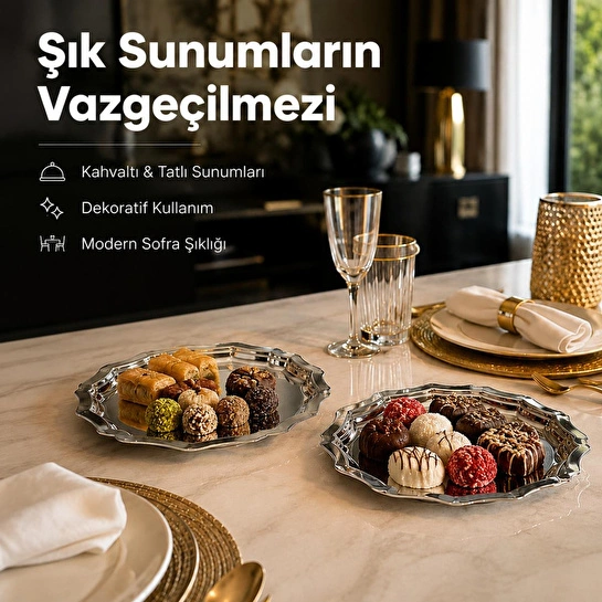 Vienev 2'li Metal Sunum Tabağı Seti 24 Cm - Çiçek Dekor Sunum Tepsi