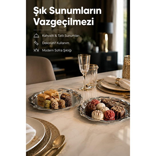Vienev 2'li Metal Sunum Tabağı Seti 24 Cm - Çiçek Dekor Sunum Tepsi