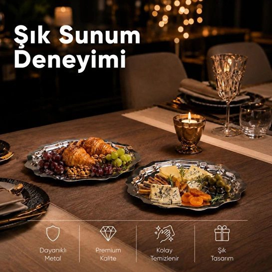 Vienev 2'li Metal Sunum Tabağı Seti 24 Cm - Çiçek Dekor Sunum Tepsi